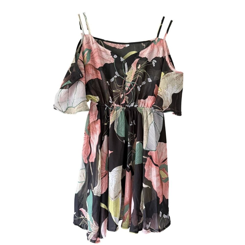 Womens Floral Cold Shoulder Dress Large Beach Boho Lightweight Flowy Fairy